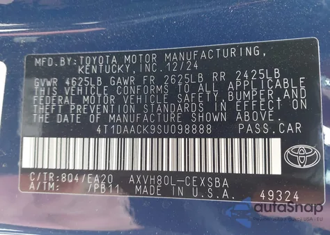 2025 Toyota Camry Se from USA, damaged, VIN 4T1DAACK9SU098888